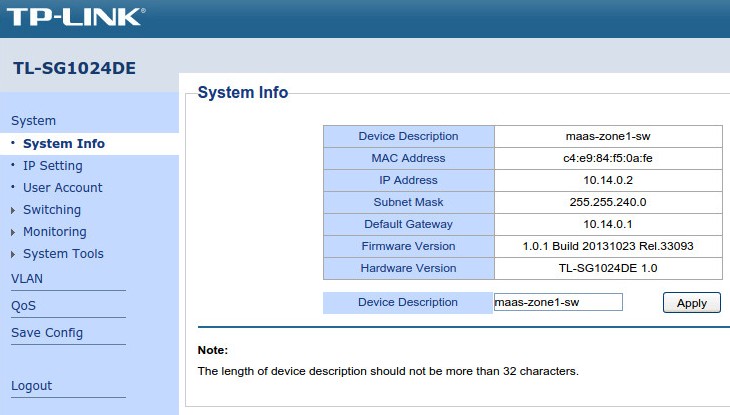 TL-SG1024DE System Info page after configuration is finished
